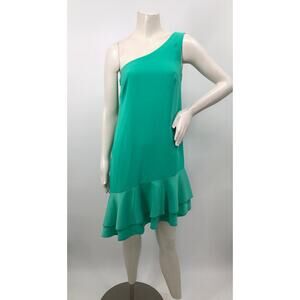 Trina Turk Green One Shoulder Ruffle Trim Asymmetrical Dress Womens 2